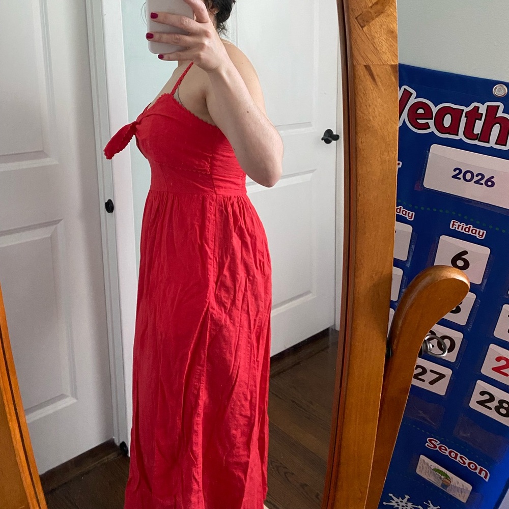💃🏻tie front midi dress vibrant coral red adjustable straps cotton blend summer M - Picture 15 of 15